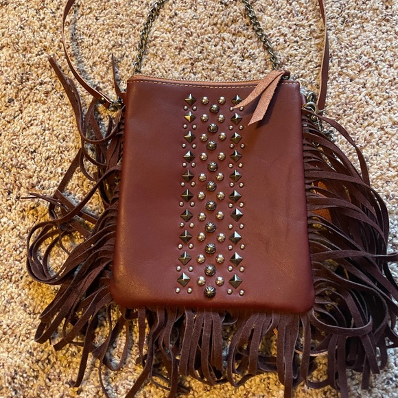 Brown Fringe Studded Leather Crossbody bag - Picture 1 of 5